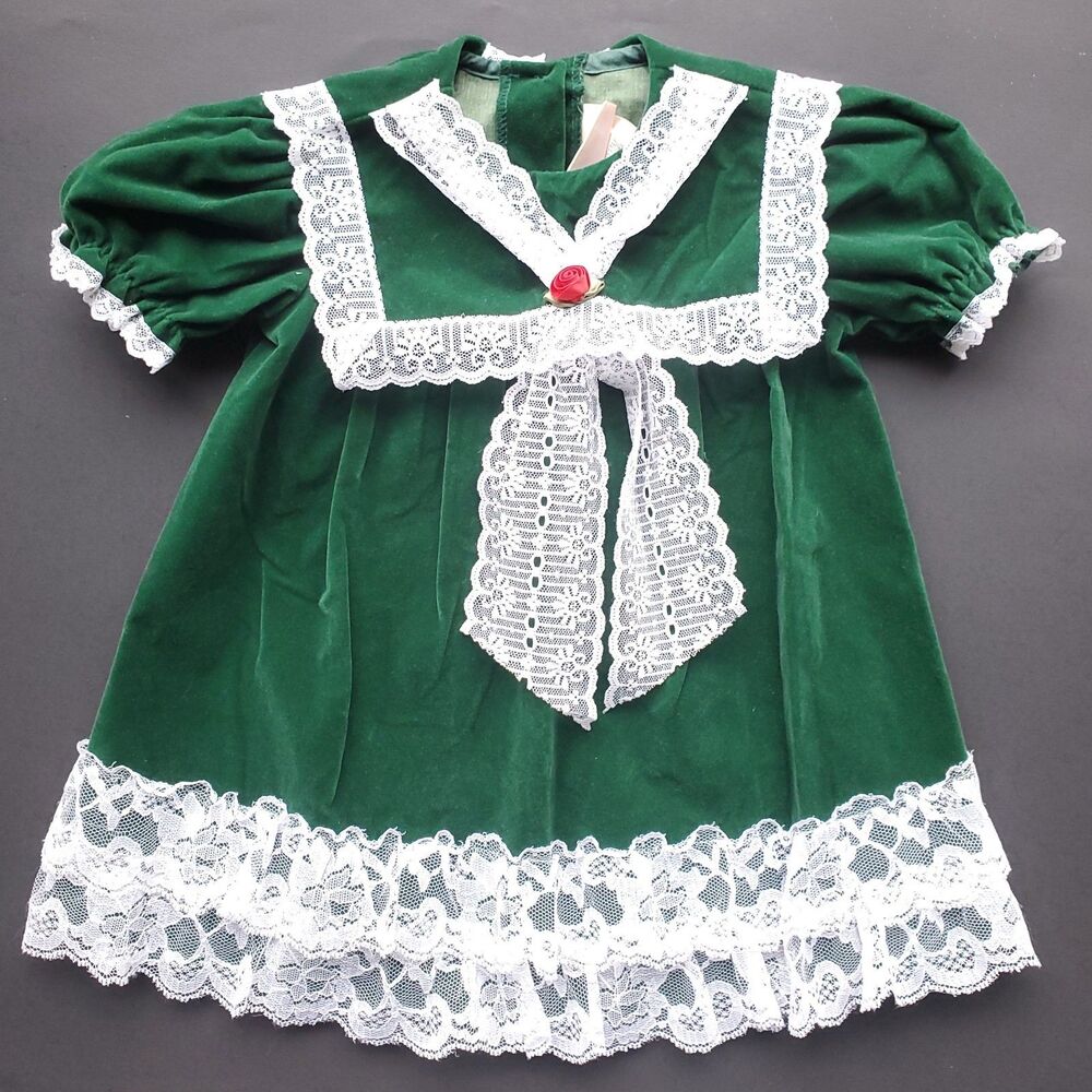 Vintage Little Precious Velvet Dress 18M Green White Lace USA Made 80s Holiday
